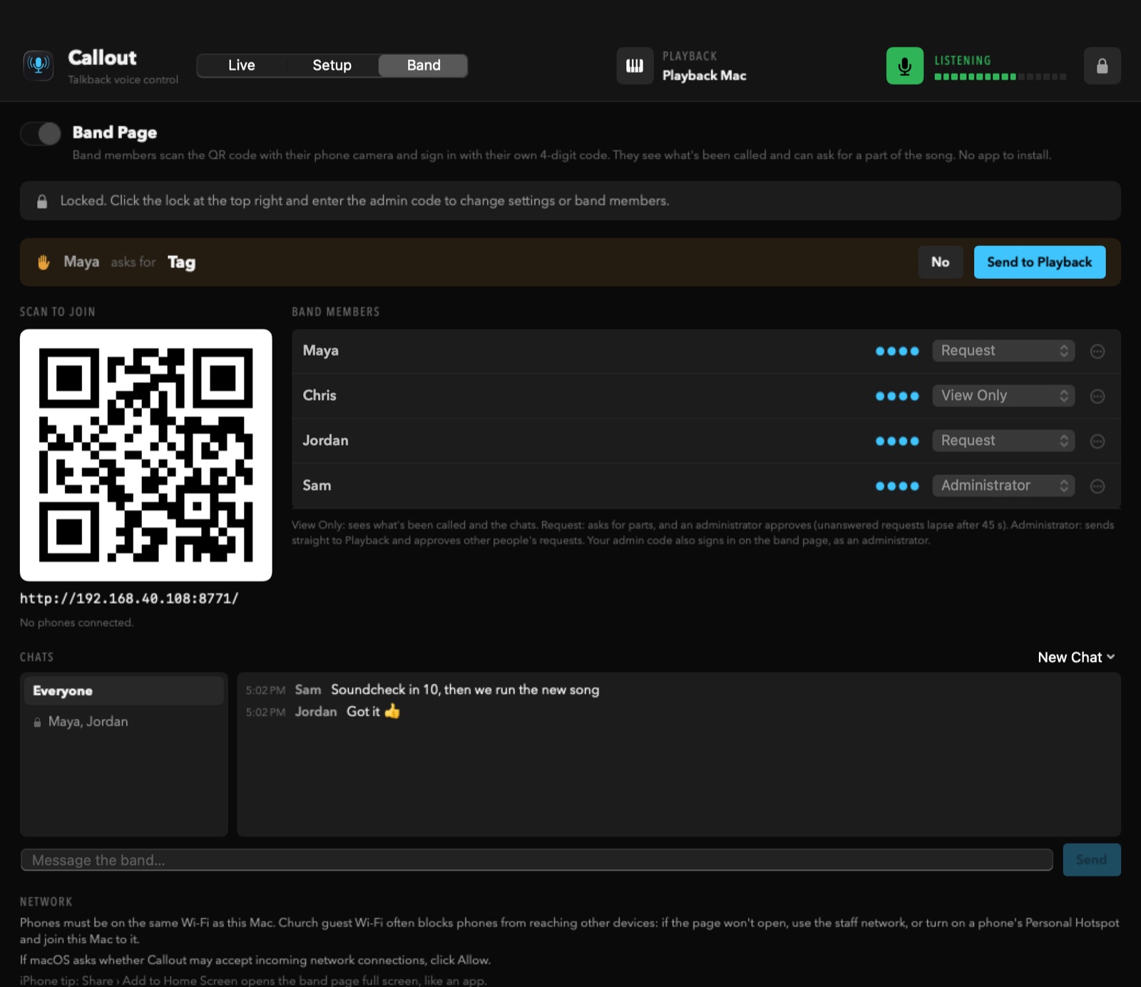 Callout's Band tab: a request from Maya waiting, the QR code, band members with their roles, and the chats
