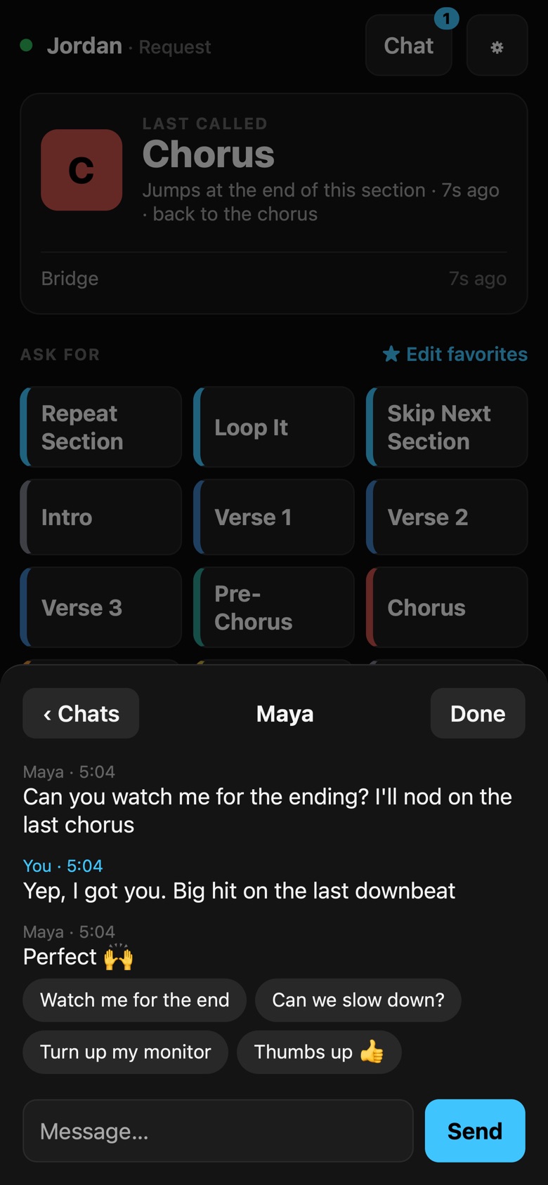 A private chat between Maya and Jordan on the band page